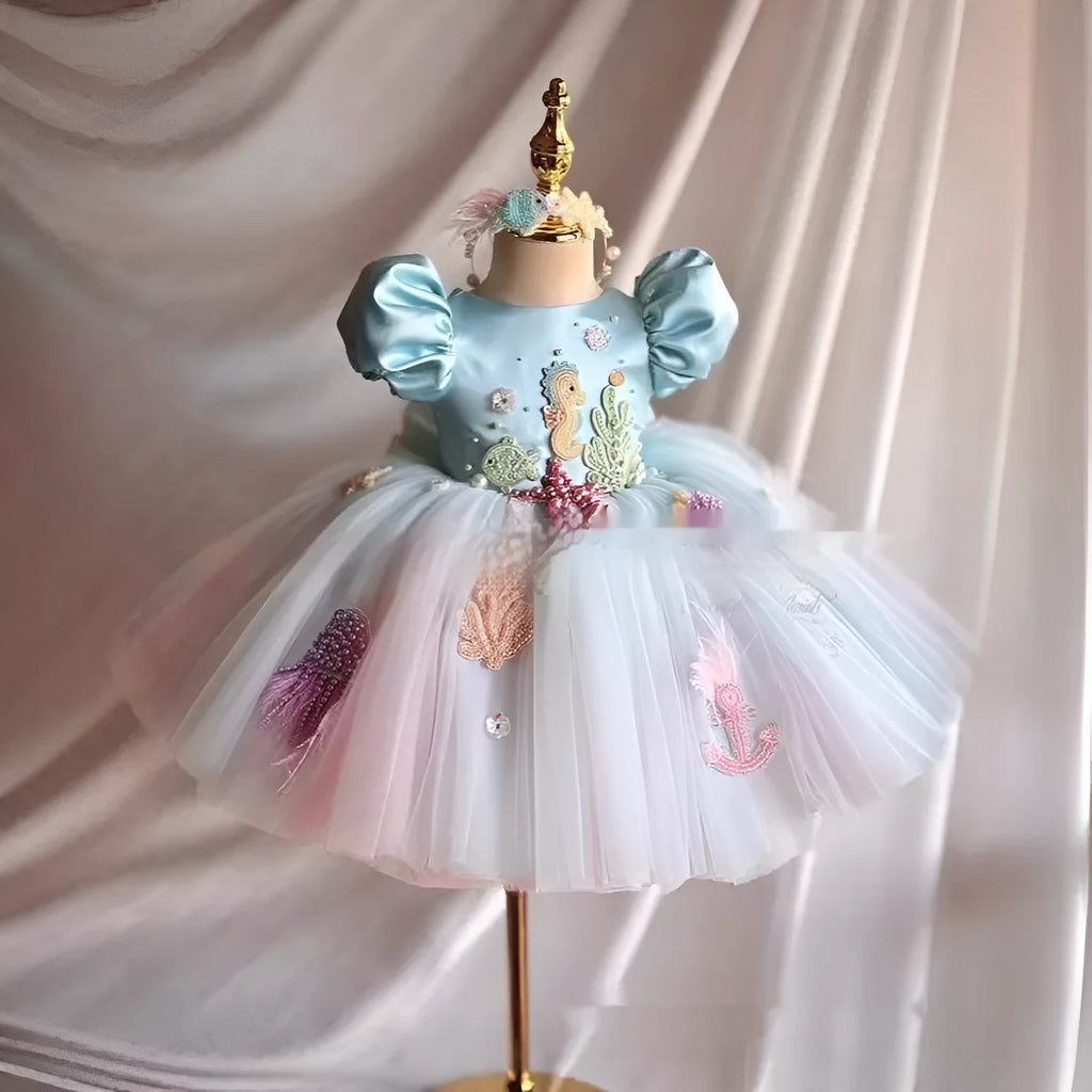 Sky blue girls FARCENT princess dress with bubble pettiskirt on child model showing full skirt shape