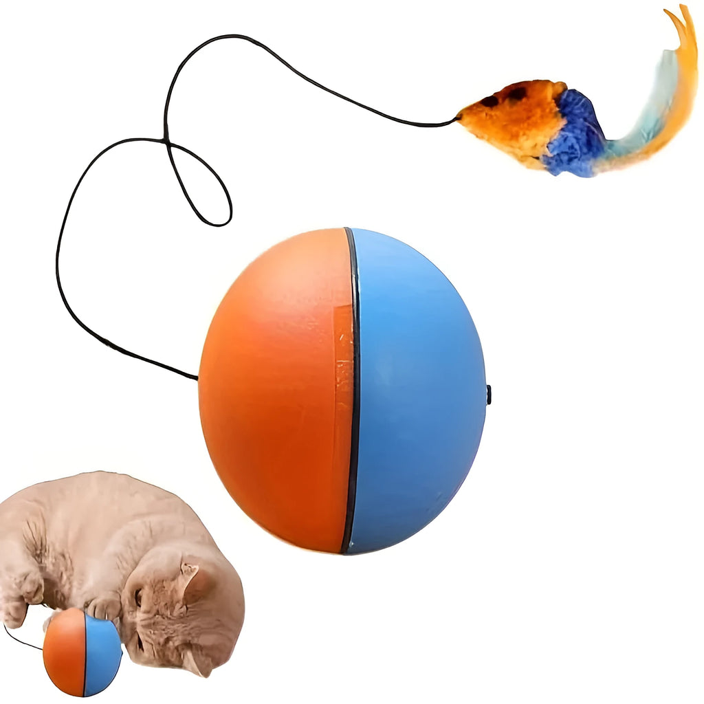 Blue and orange interactive cat toy set with plush mouse and ball for indoor exercise