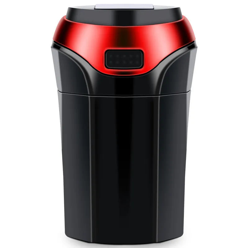 Portable solar rechargeable car ashtray with LED light, detachable cover, gold finish, fits cup holder