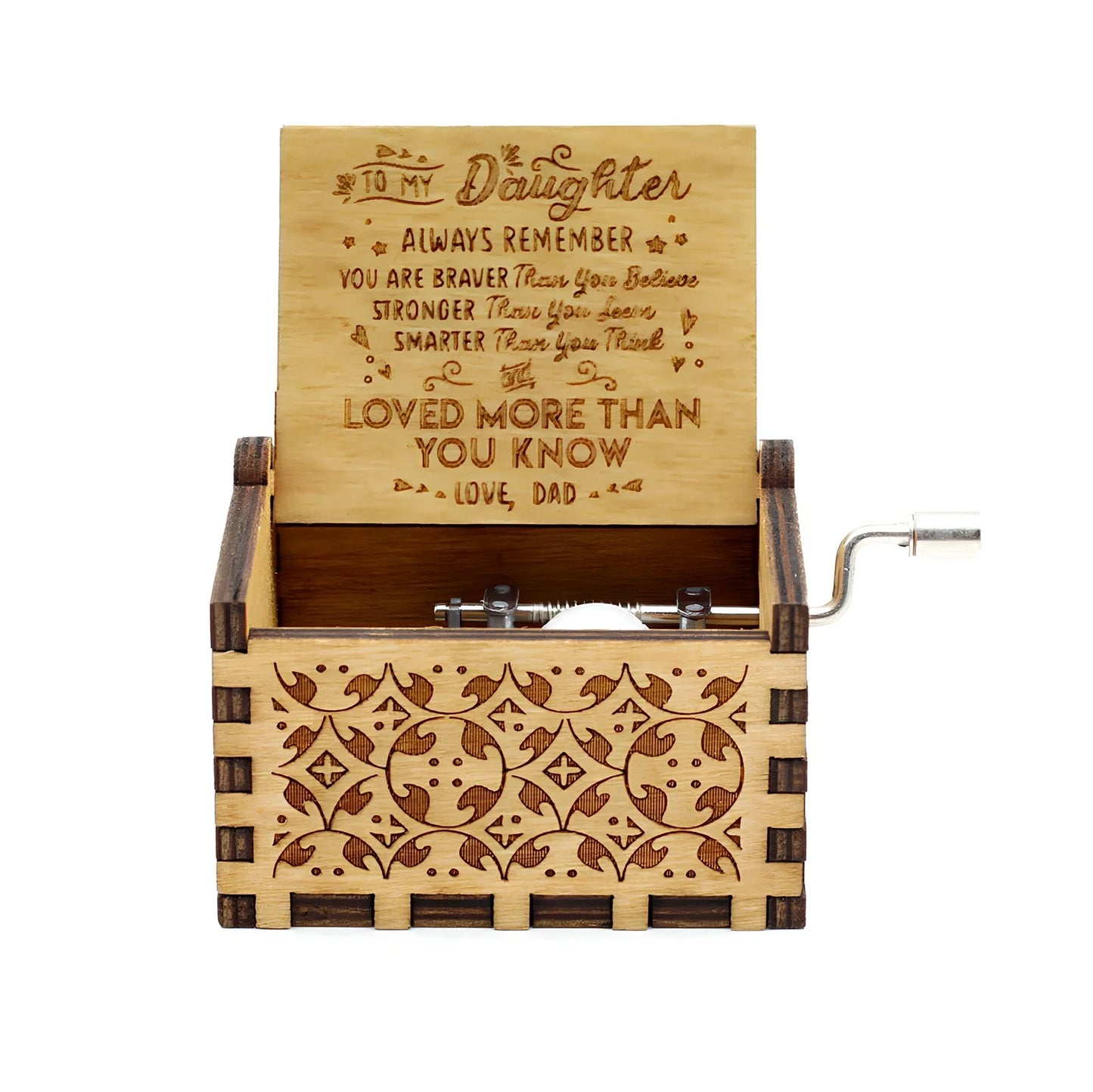 Antique boxwood music box with hand crank and yin carved Spirited Away landscape flowers, 10 cm tall wooden decoration