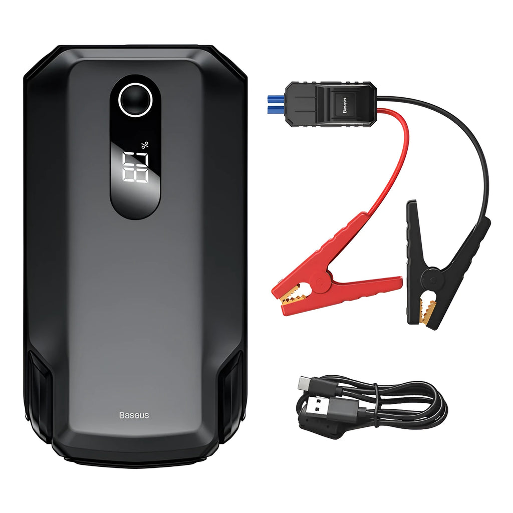 Baseus Super Energy Max black portable car jump starter with 20000mAh battery and 2000A peak current on a dark background