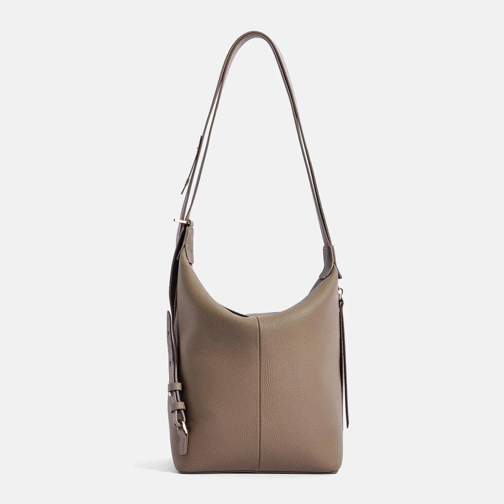 Women's genuine leather bucket bag in elephant grey with shoulder strap and casual bucket styling