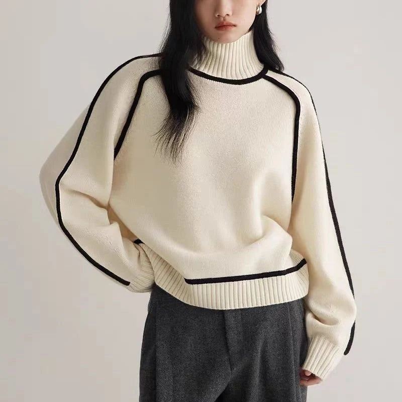 Half turtleneck knitted sweater in creamy white with three-dimensional design