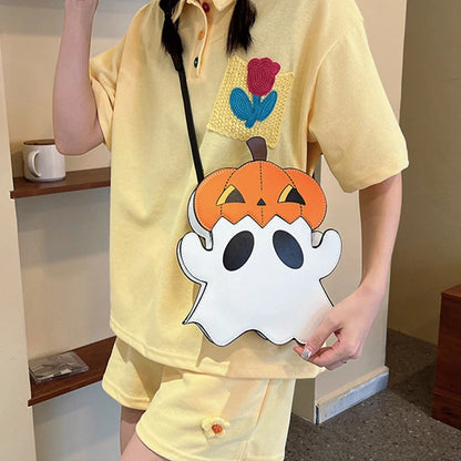 Halloween shoulder bag with 3D cartoon pumpkin ghost design in white
