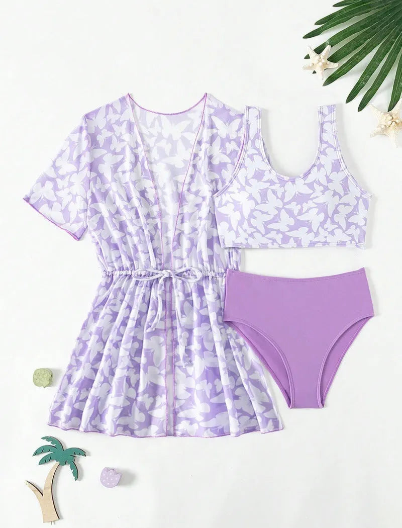 Girls' three piece split swimsuit cover print set in polyester for swimming.
