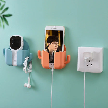 Wall-mounted storage box with mobile phone charging stand and remote control holder in various colours