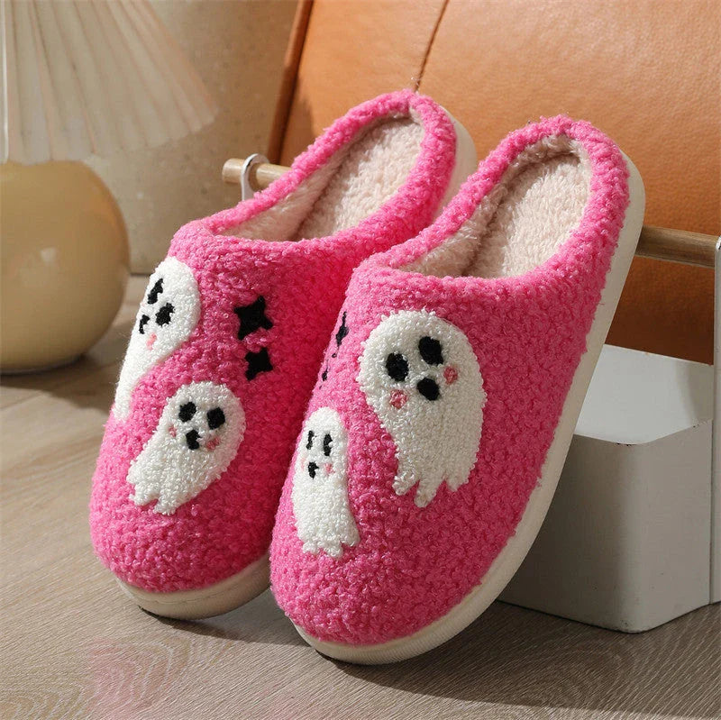 Cozy Halloween cartoon ghost slippers with soft cotton construction and non-slip soles for indoor wear