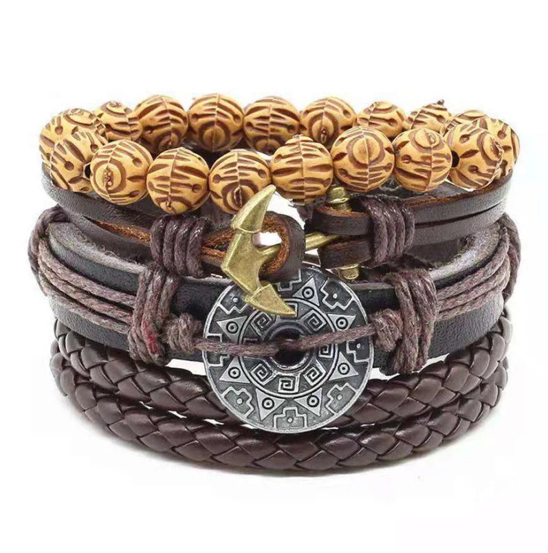 Men's genuine leather vintage braided bracelet with adjustable sliding knot