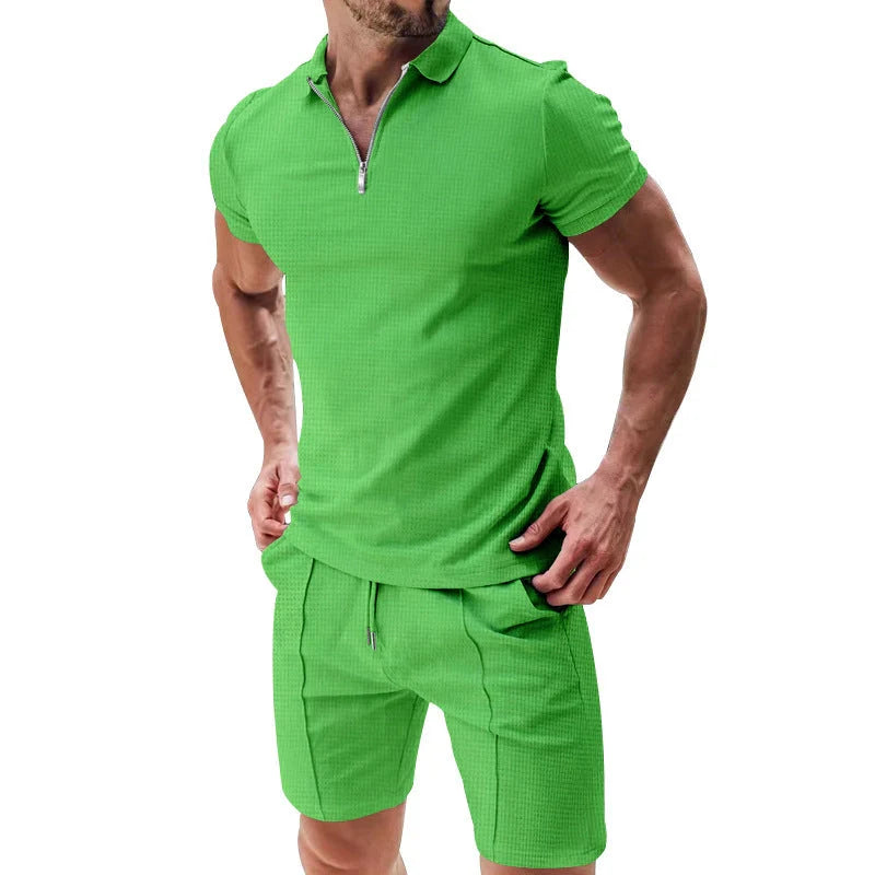 Men's summer waffle suit set with zipper lapel top and drawstring shorts in various colours