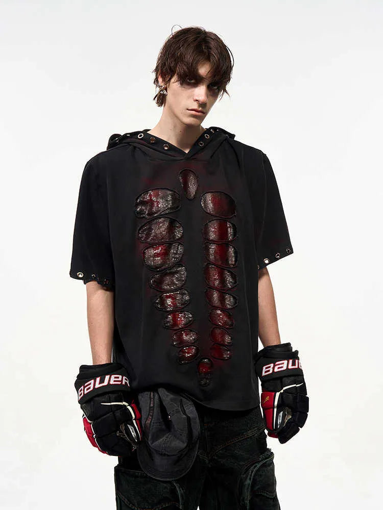 Black men's hooded short-sleeve T-shirt with sequin detailing in a loose fit.