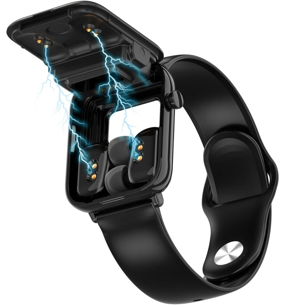 Black zinc alloy smartwatch with 1.69-inch touch screen and integrated wireless Bluetooth earpieces in charging case.