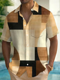 Men's retro geometric contrast colour square 3D printed short sleeve cardigan shirt