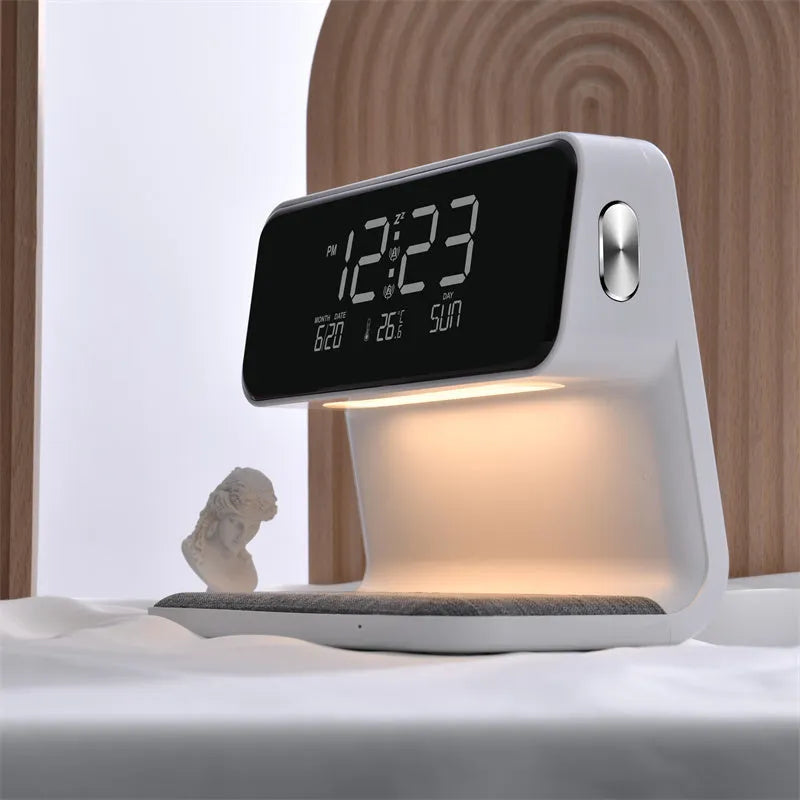 White 3-in-1 bedside lamp with wireless charging pad, LCD alarm clock screen, and touch-sensitive dimming control.