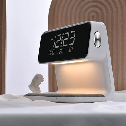 Wireless charging bedside lamp with alarm clock and phone charging capabilities