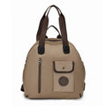 Large lightweight nylon backpack in khaki colour showing front sandwich pockets.
