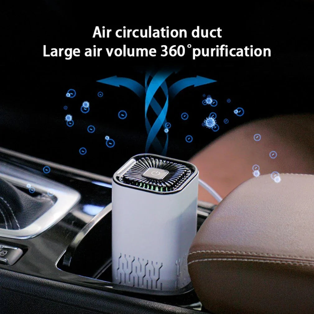 Compact car air purifier with negative ion technology for removing dust, pollen, pet dander, and smoke from vehicle's interior