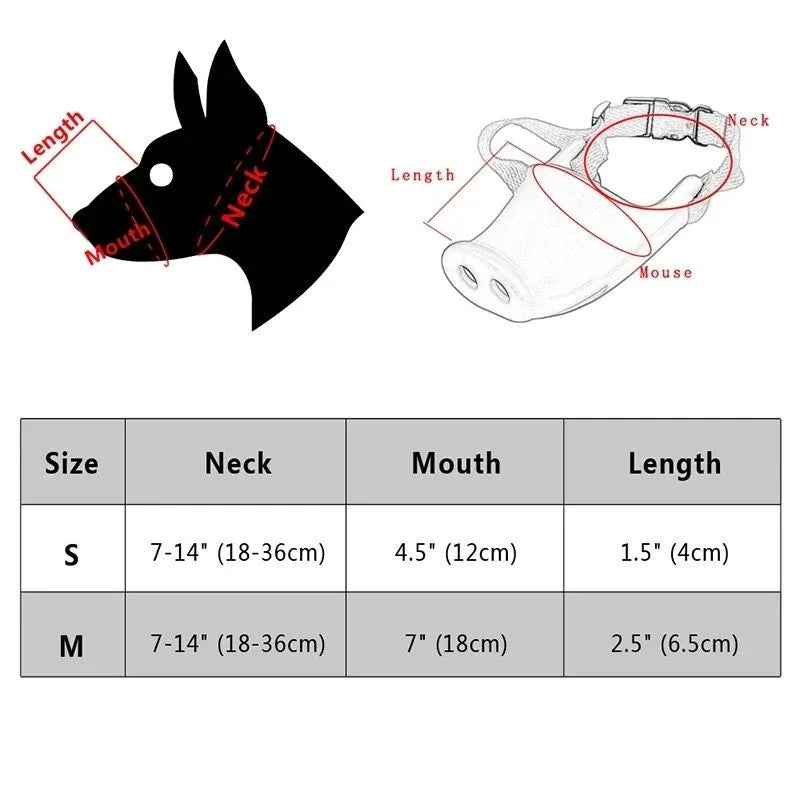 Blue silicone dog anti-bite mouth cover showing measurements for large and small sizing options