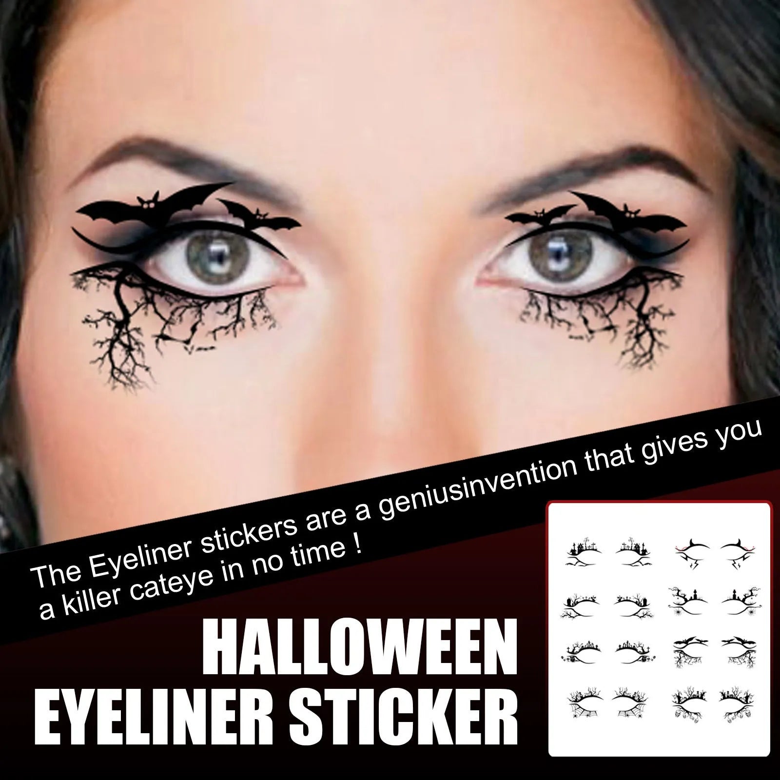 Bat and spider decorative eyeliner stickers set with 8 pairs for Halloween makeup