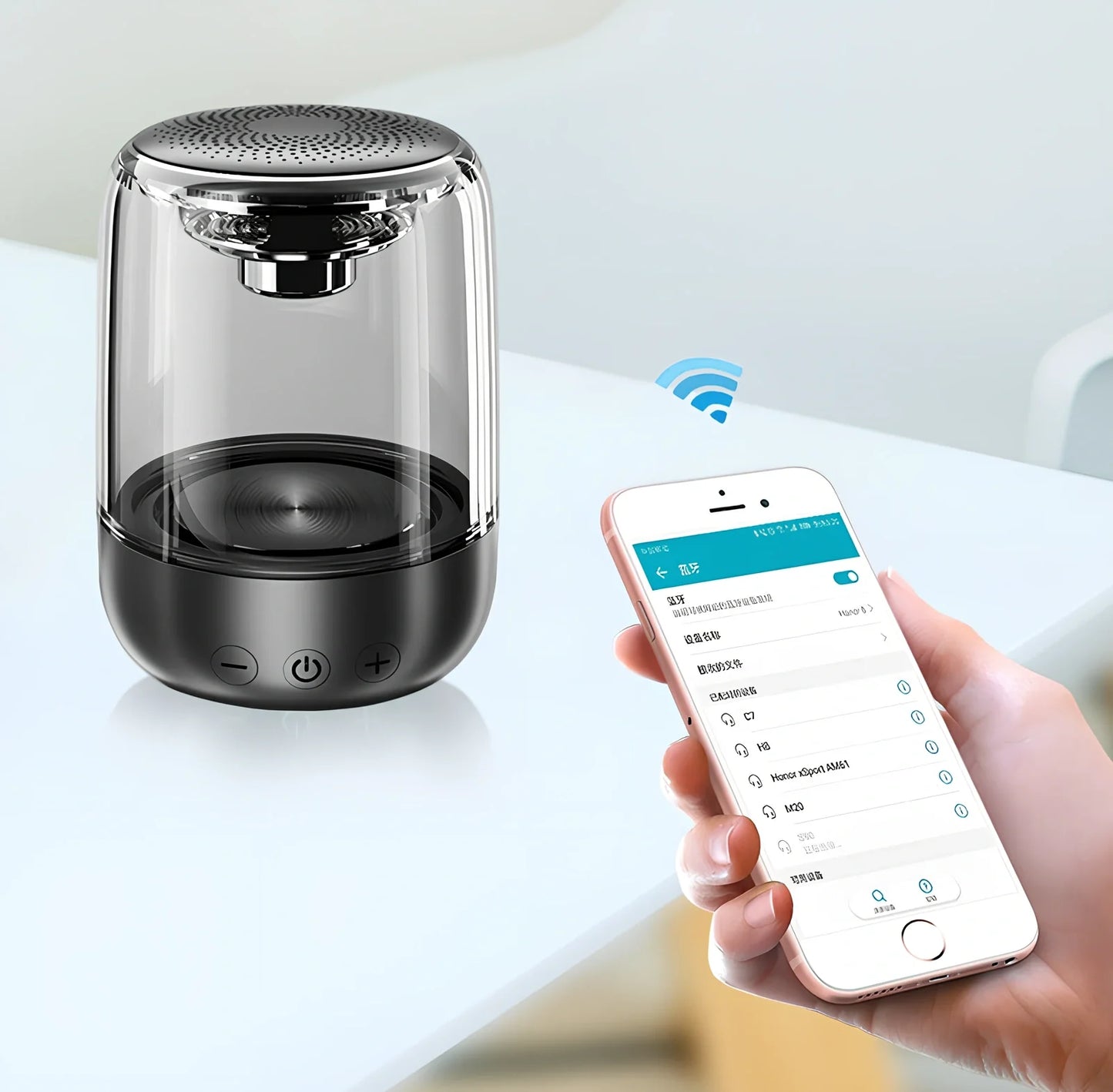 C7 wireless speaker showing colourful rhythm lights and compact 68x90mm design