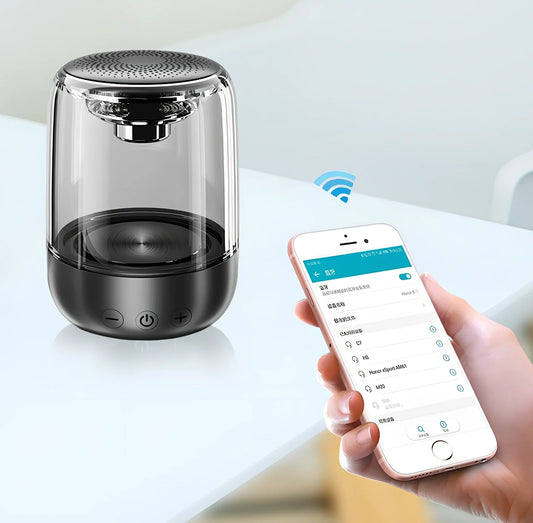 C7 wireless speaker showing colourful rhythm lights and compact 68x90mm design