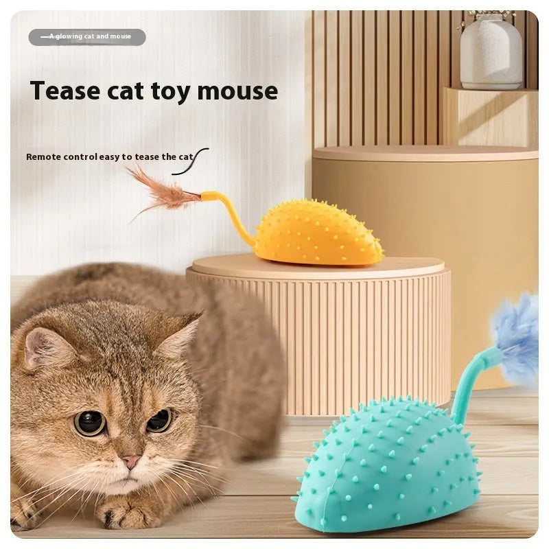Remote control and USB-rechargeable silicone mouse cat toy in cyan colour with attached feathers.