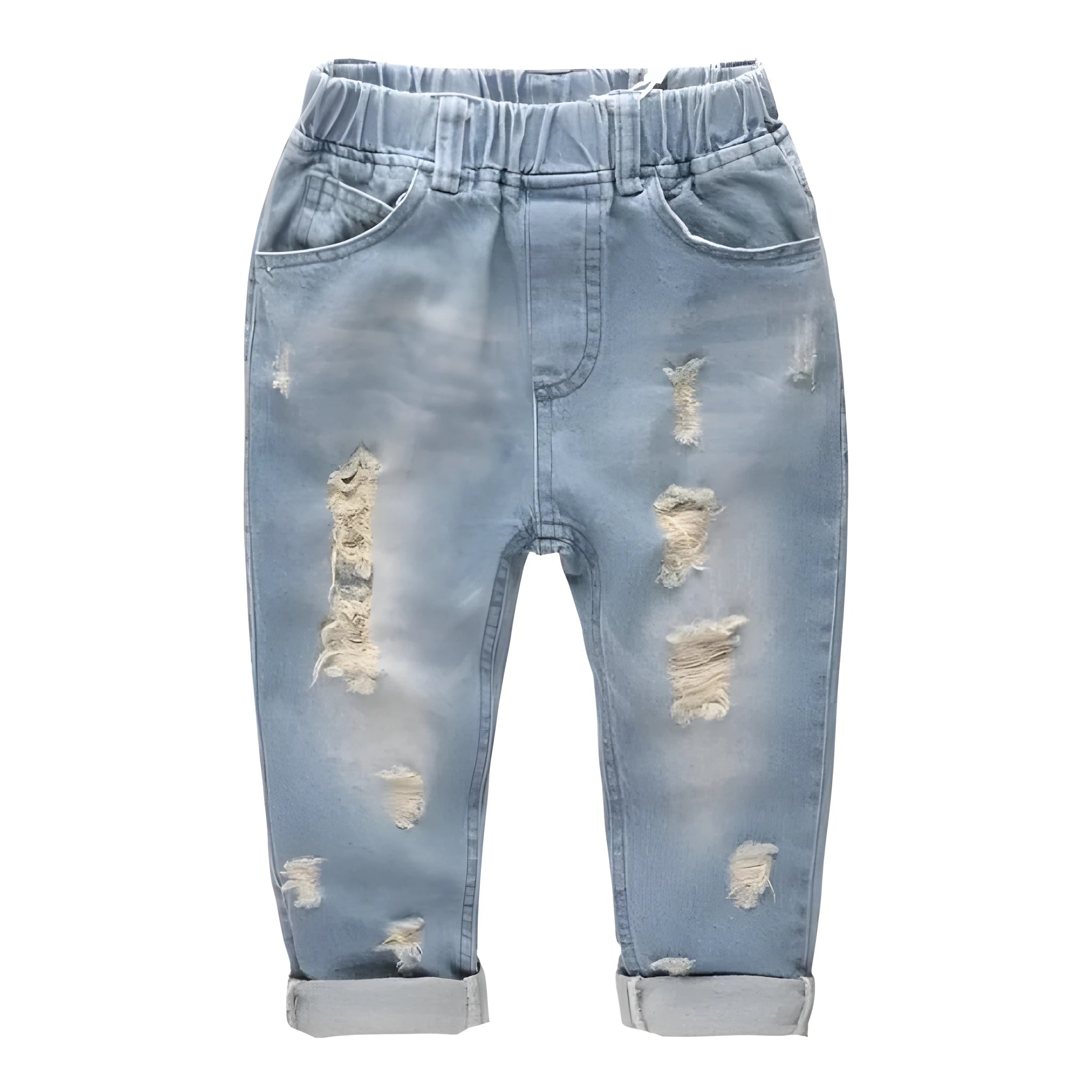 Light blue cotton slim jeans for children with regular waist, front view, 100cm size