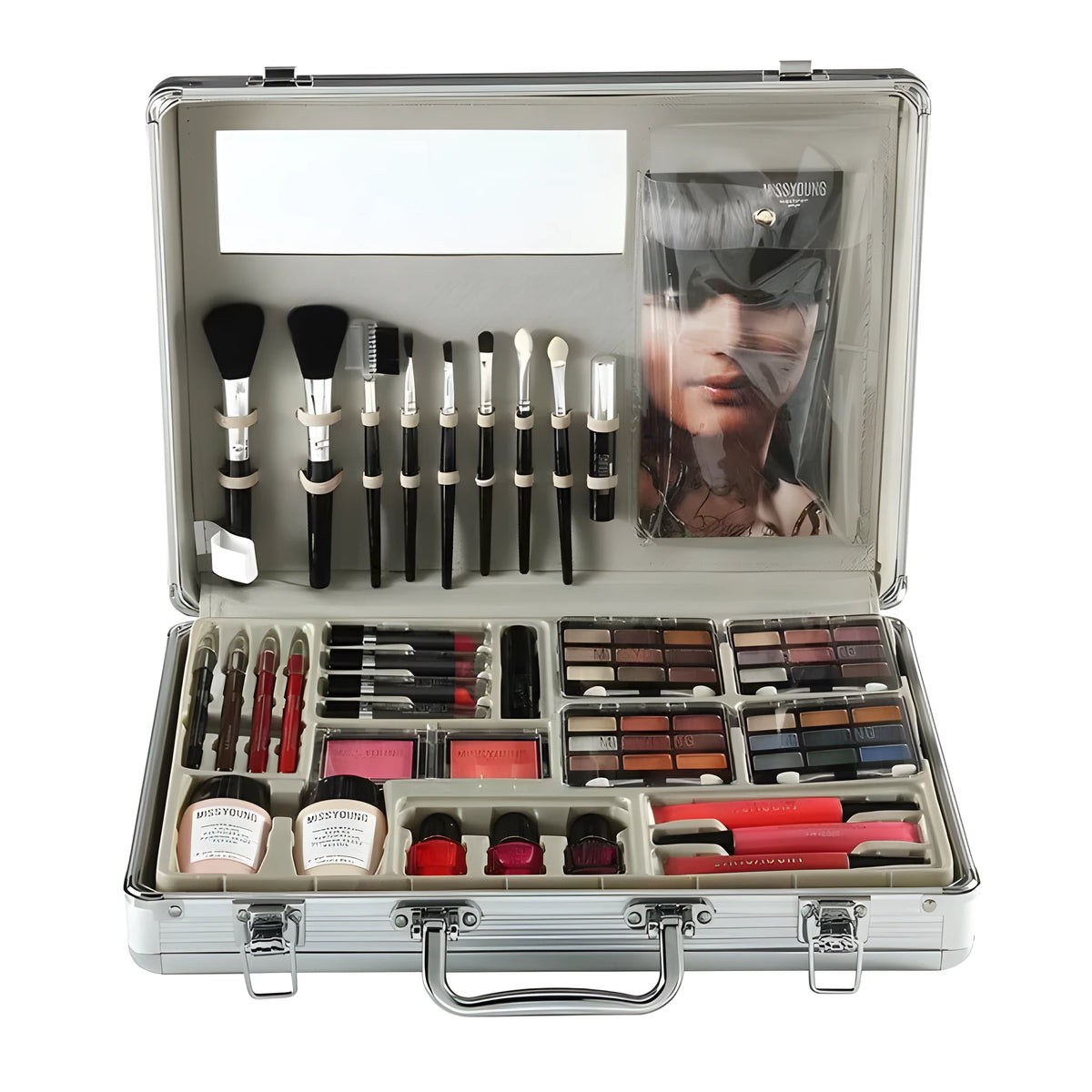 Makeup kit with natural colours including lipstick, eye shadow, foundation, and blush in a 35x26x7.5cm case
