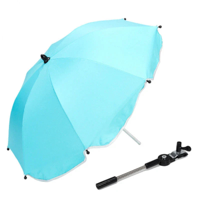 Adjustable 360-degree pram umbrella with UV protection in black, red, pink, and rice white