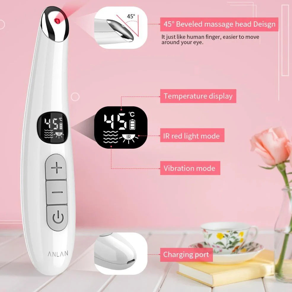 White electronic eye massager with adjustable temperature settings and vibration therapy for eye strain relief