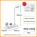 White intelligent bedside lamp with digital clock display and wireless charging surface.