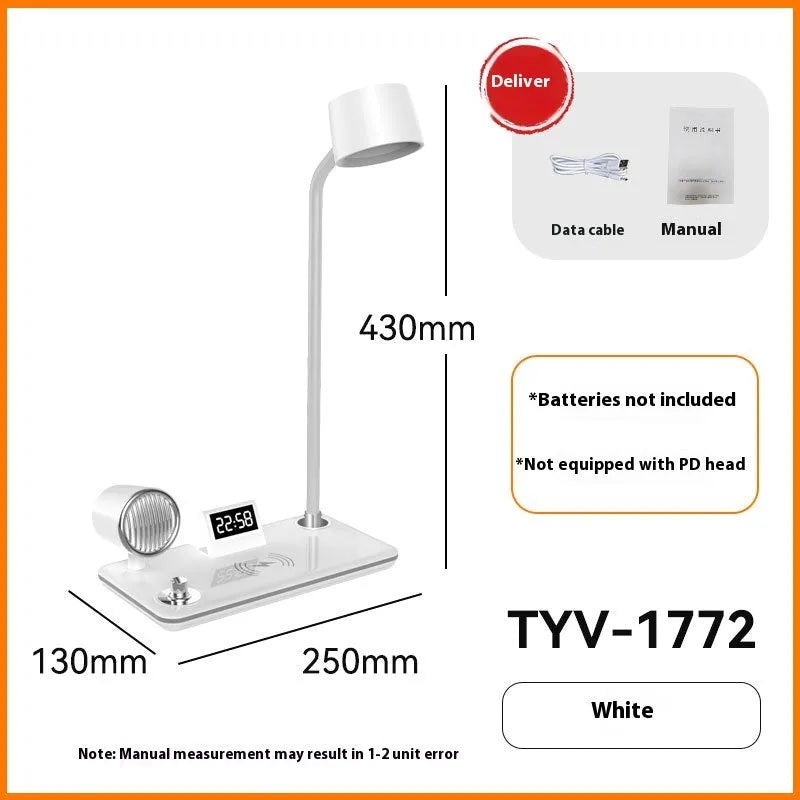 White intelligent bedside lamp with digital clock display and wireless charging surface.