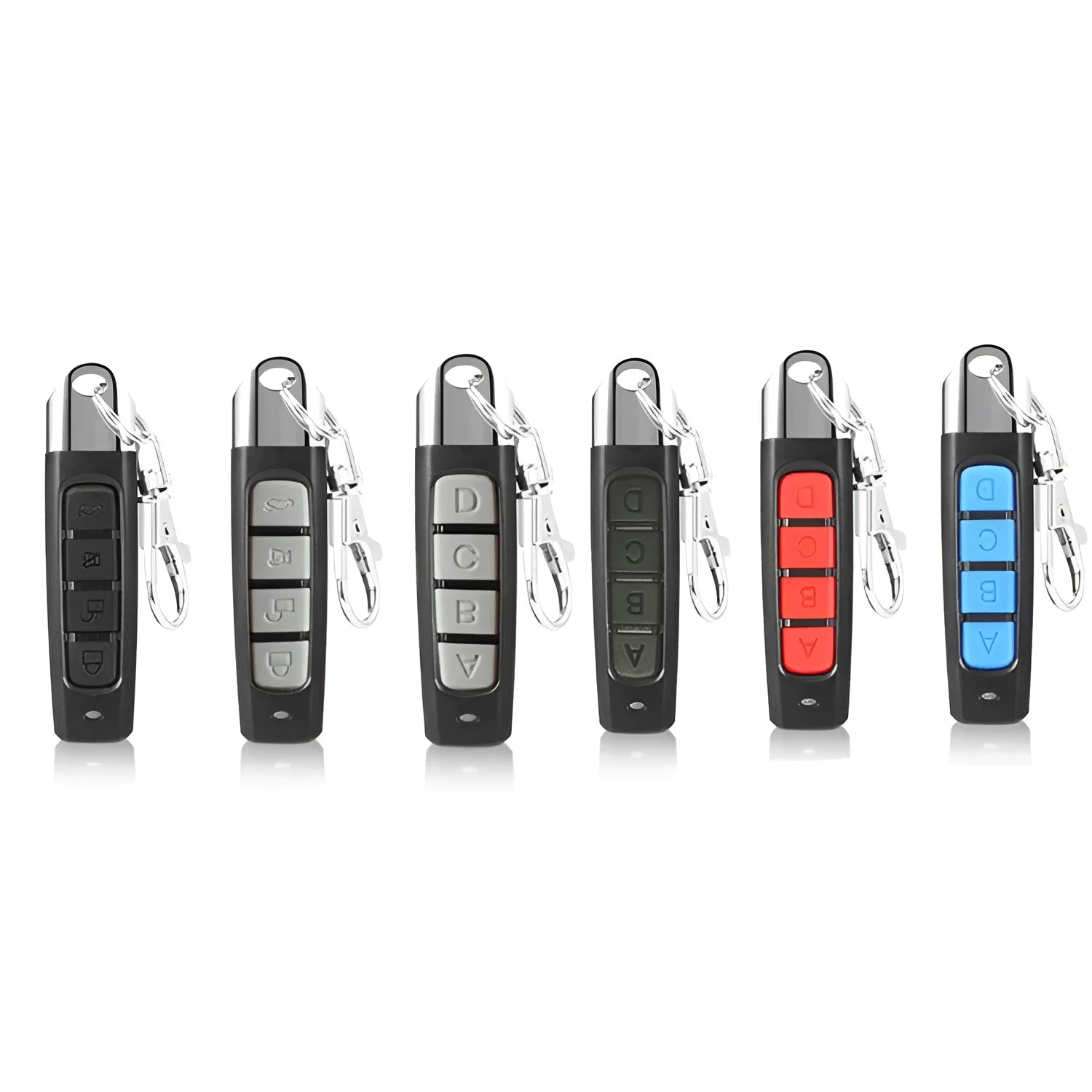 A compact rolling door remote control in black, showing its buttons and slim profile.