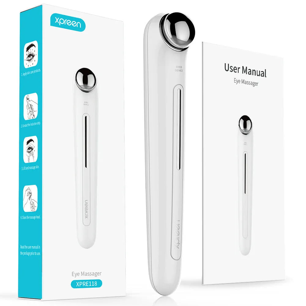 Beautefas portable eye massager in white with induction strip, 148mm size, on neutral background