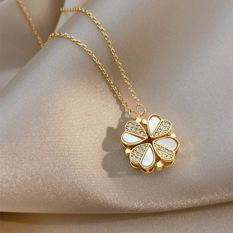 Stunning four-leaf clover necklace with luxurious stainless steel charm and crystal heart pendant