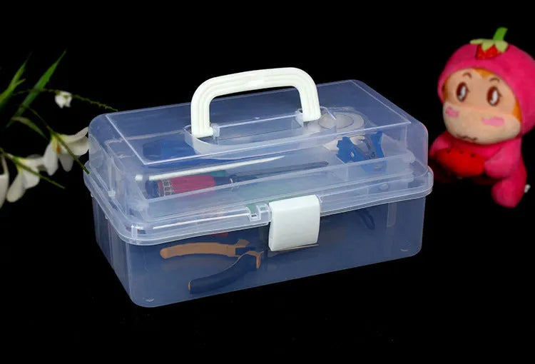 Large 2-layer transparent PP plastic storage box with foldable design, containing medicines and cosmetics