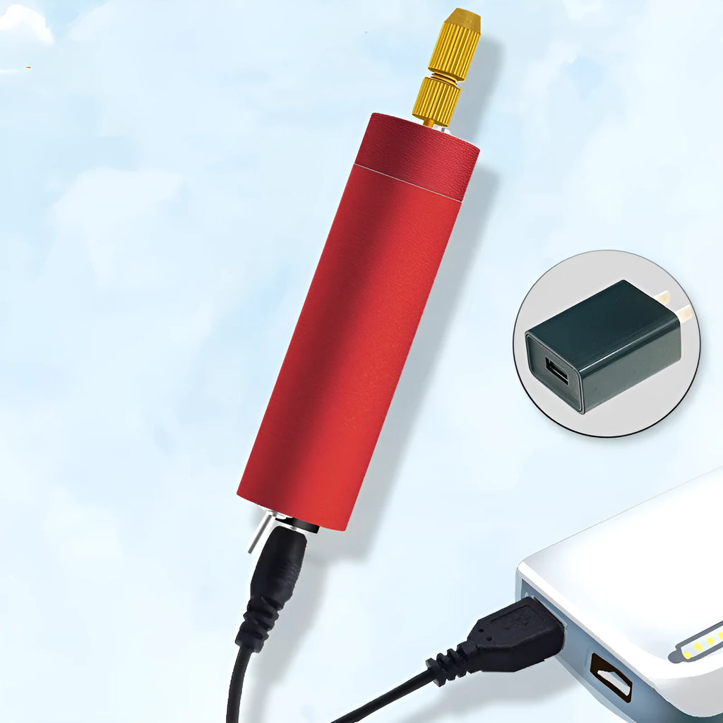 Aluminium USB mini grinder with three small drill bits and a wrench on a white background.