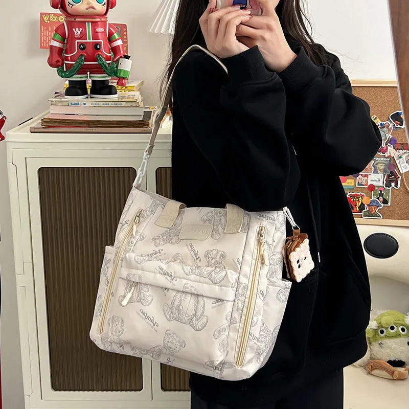 Bear print large capacity multi-pocket nylon tote bag in milky white
