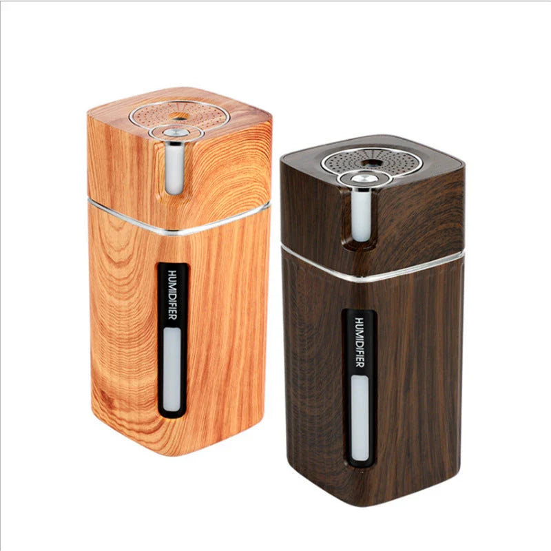 Versatile wood grain ultrasonic humidifier with aroma diffuser, LED light, and compact design