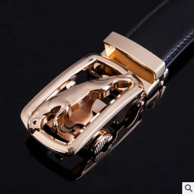 Men's automatic buckle leather belt with gold buckle head, 3.55cm width