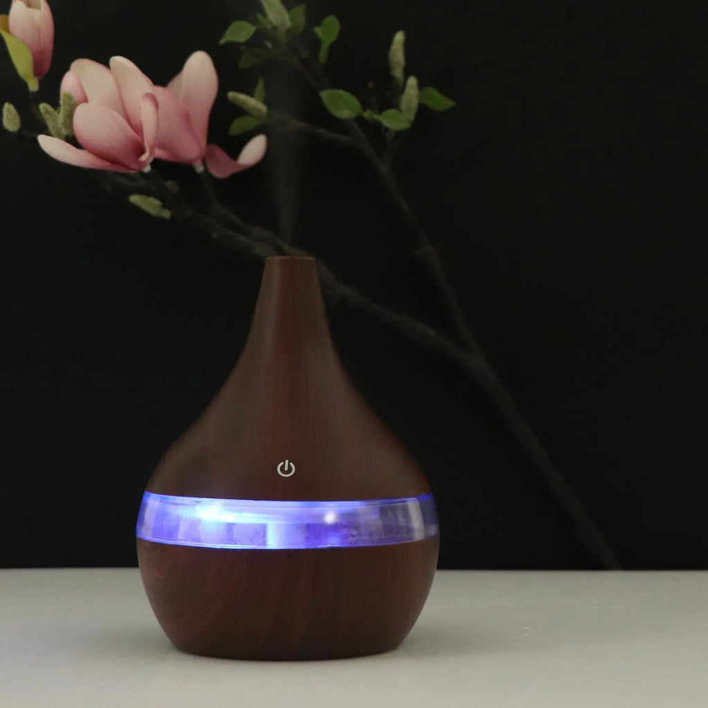 USB mini air purifier humidifier with wood grain finish and remote control