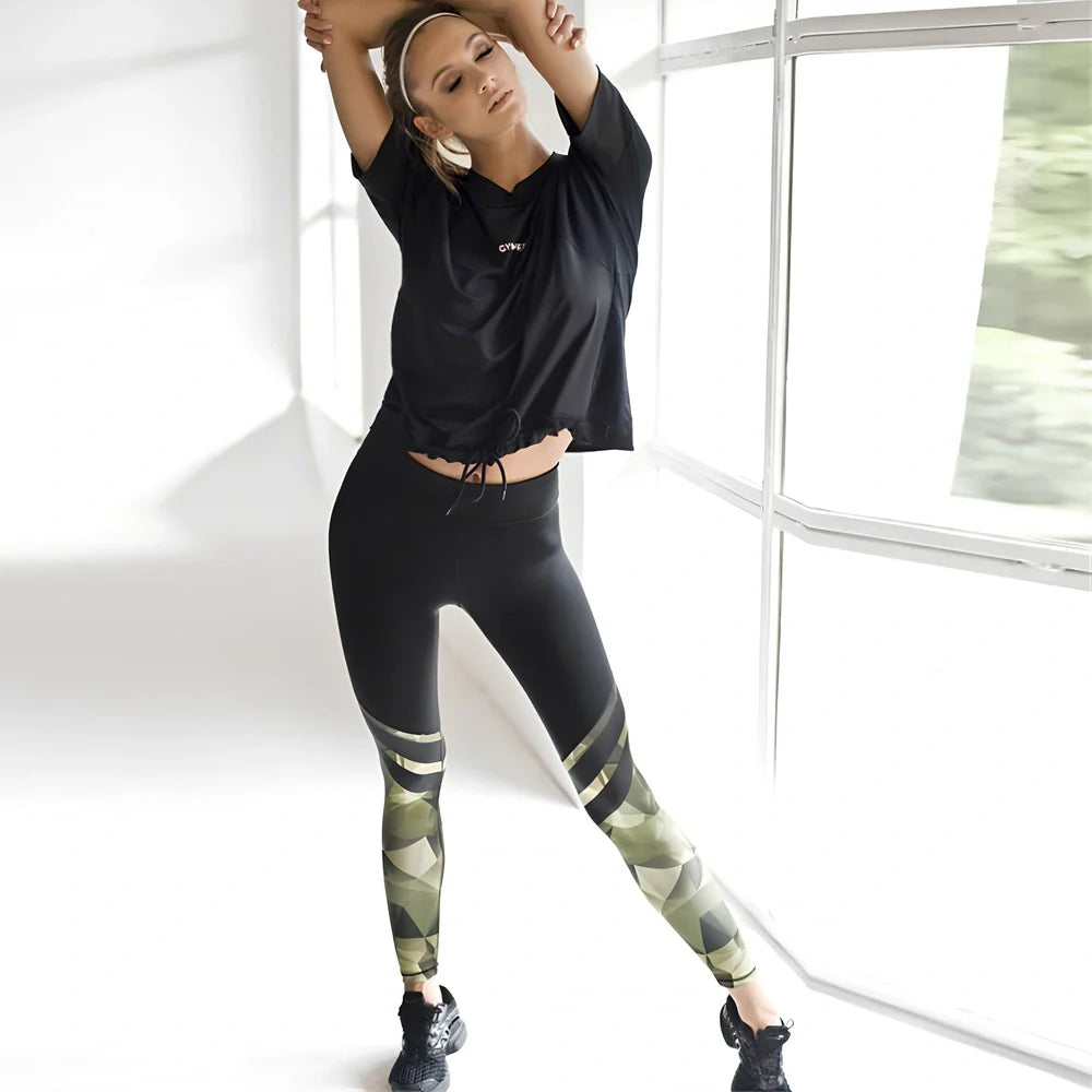 Green camouflage printed stitching yoga pants in milk silk, sizes S-XL with 95-98cm length and 62-100cm waist