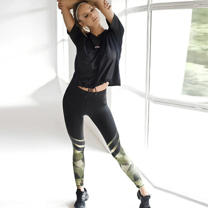 Green camouflage printed stitching yoga pants in milk silk, sizes S-XL with 95-98cm length and 62-100cm waist