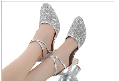 Women's silver high-heeled Latin dance shoes with 7cm heel, sequins, pointed toe, size 36-41