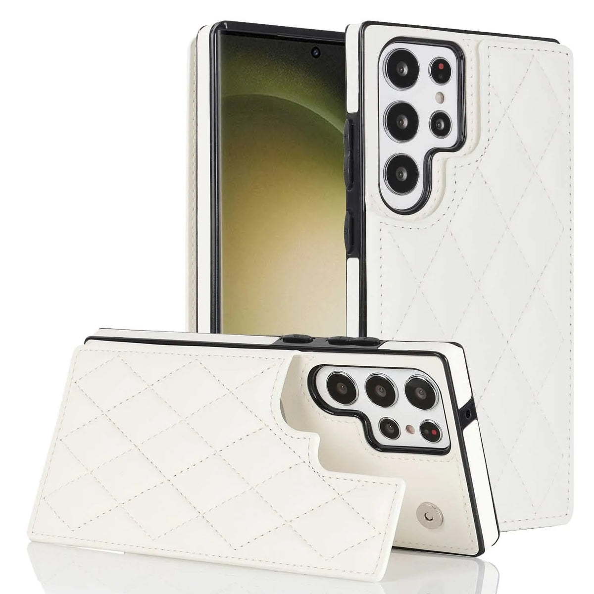 Plaid double buckle phone case for Samsung with card slot and stand in black