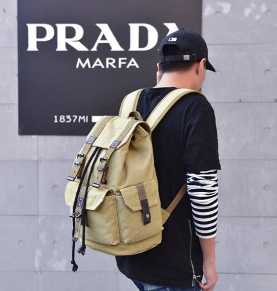 A versatile canvas backpack with a retro-inspired design, perfect for everyday use and travel adventures.