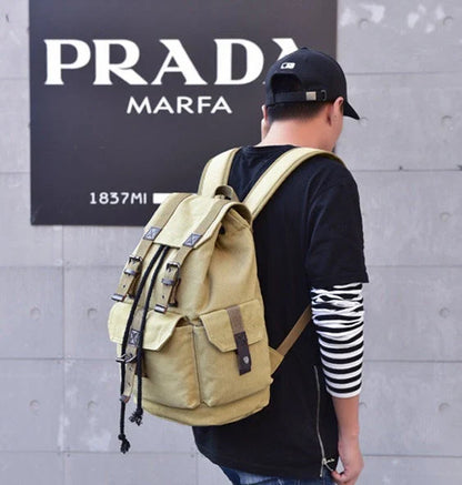 A versatile canvas backpack with a retro-inspired design, perfect for everyday use and travel adventures.