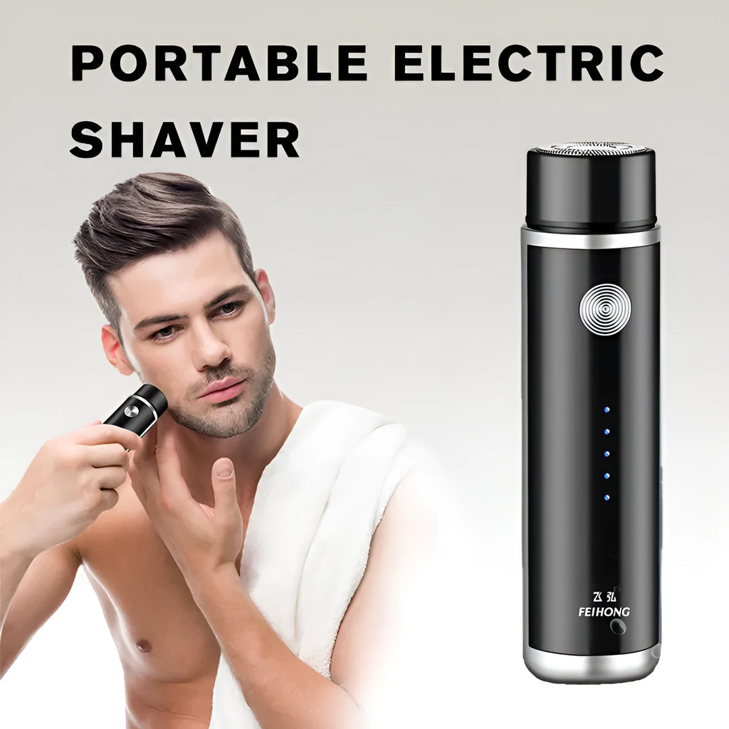 ARECTECH black portable electric shaver with USB cable and detachable rotary head.