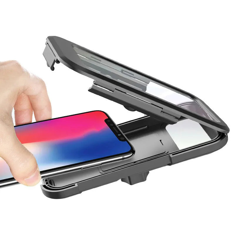 Black adjustable waterproof bicycle phone mount on a handlebar, showing three joints and magnetic phone attachment.