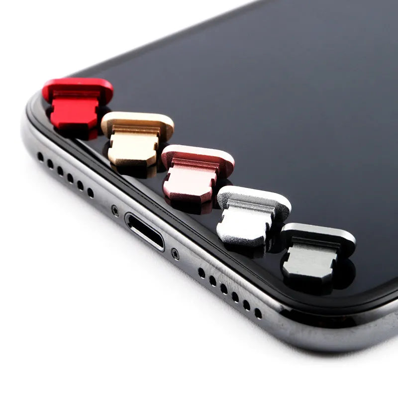 Aluminium alloy iPhone charging port dust plug in silver, shown next to an iPhone.