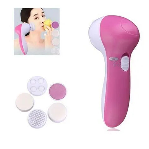 Electric facial cleanser brush with 5 attachments in pink, compact size, on white background